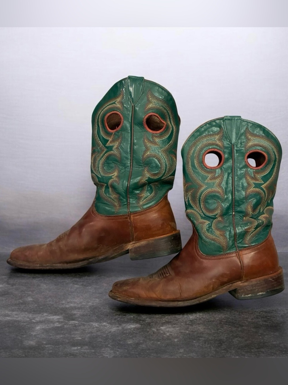 Nacona Woman's Brown Leather Western Boots with Green Embroidered Shaft